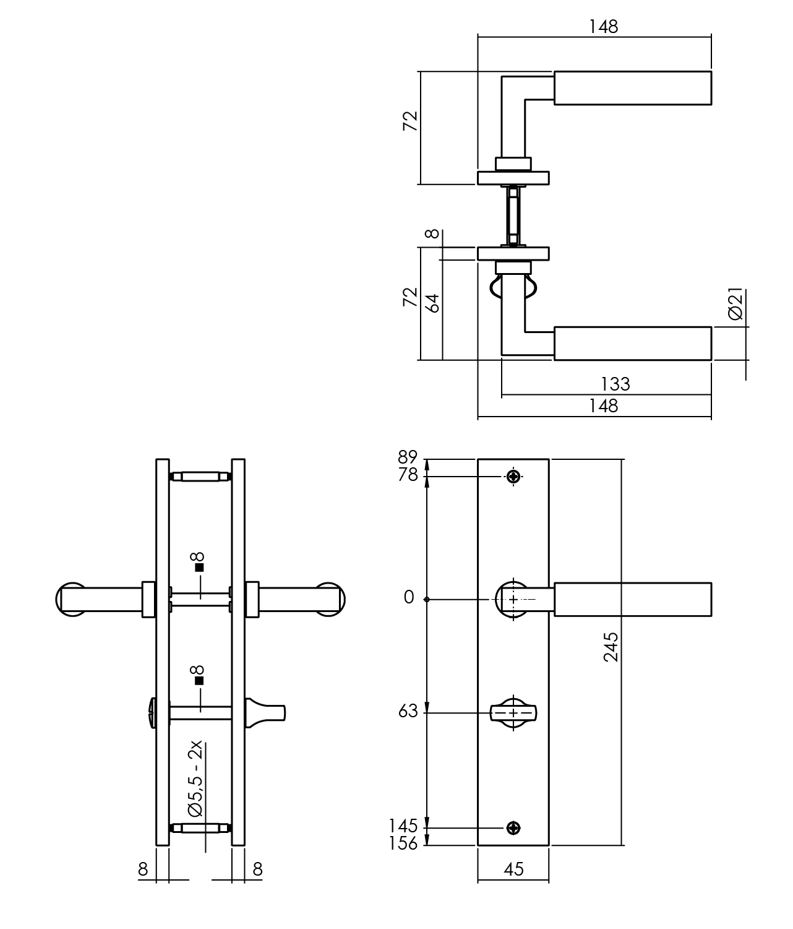 Intersteel deurkruk Bau-Stil op langschild WC63/8 mat zwart