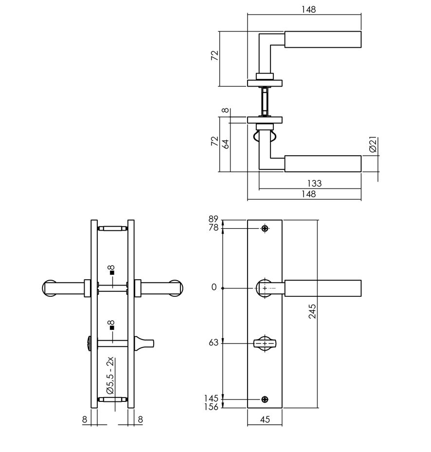 Intersteel deurkruk Bau-Stil op langschild WC63/8 PVD messingkleur