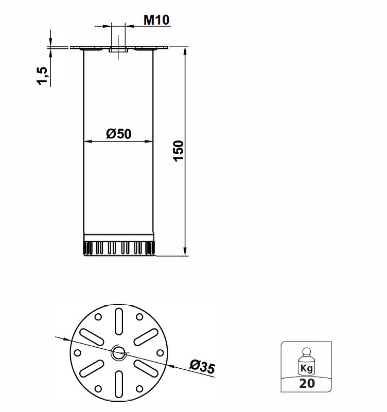 Meubelpoot Staal Zwart gelakt 150 mm