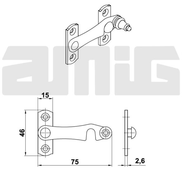 Overslag sluiting rechts 75 x 46 mm zwart