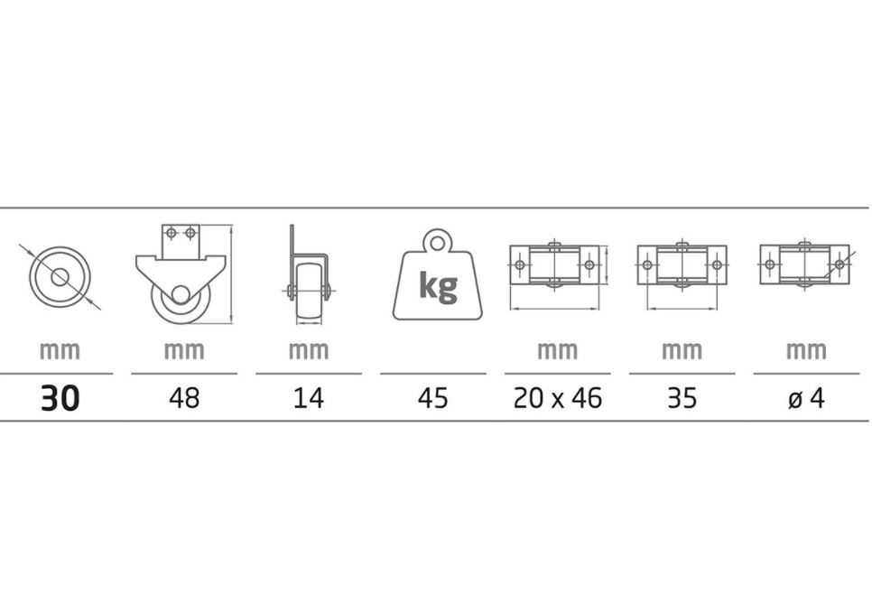 Grijs rubberen wiel voor lade/deur 30 mm