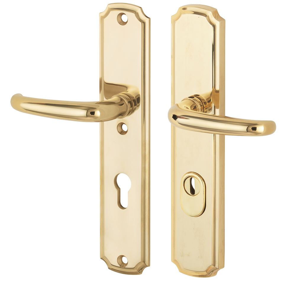 SKG3 PC72 Kruk/kruk op schild Halfsabel/Art-Nouveau Links + kerntrekbeveiliging messing ongelakt