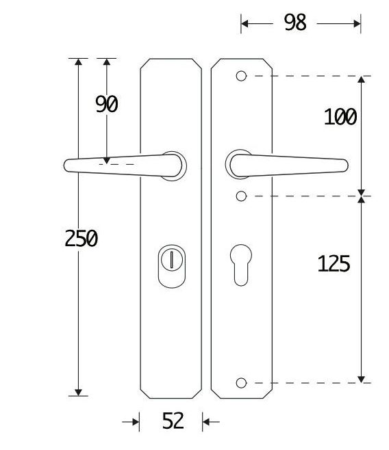 SKG3 PC72 Kruk/kruk op schild Halfsabel/Art-Nouveau Rechts + kerntrekbeveiliging messing ongelakt