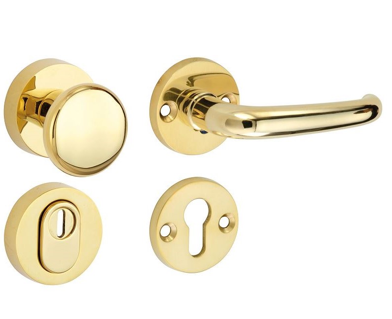 SKG3 knop/kruk op rozet Halfsabel Rechts + kerntrekbeveiliging messing ongelakt