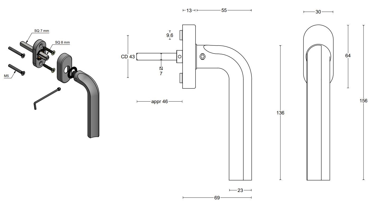 Draaikiepgarnituur ECLIPSE DR100-DK-O Rechts PVD mat zwart