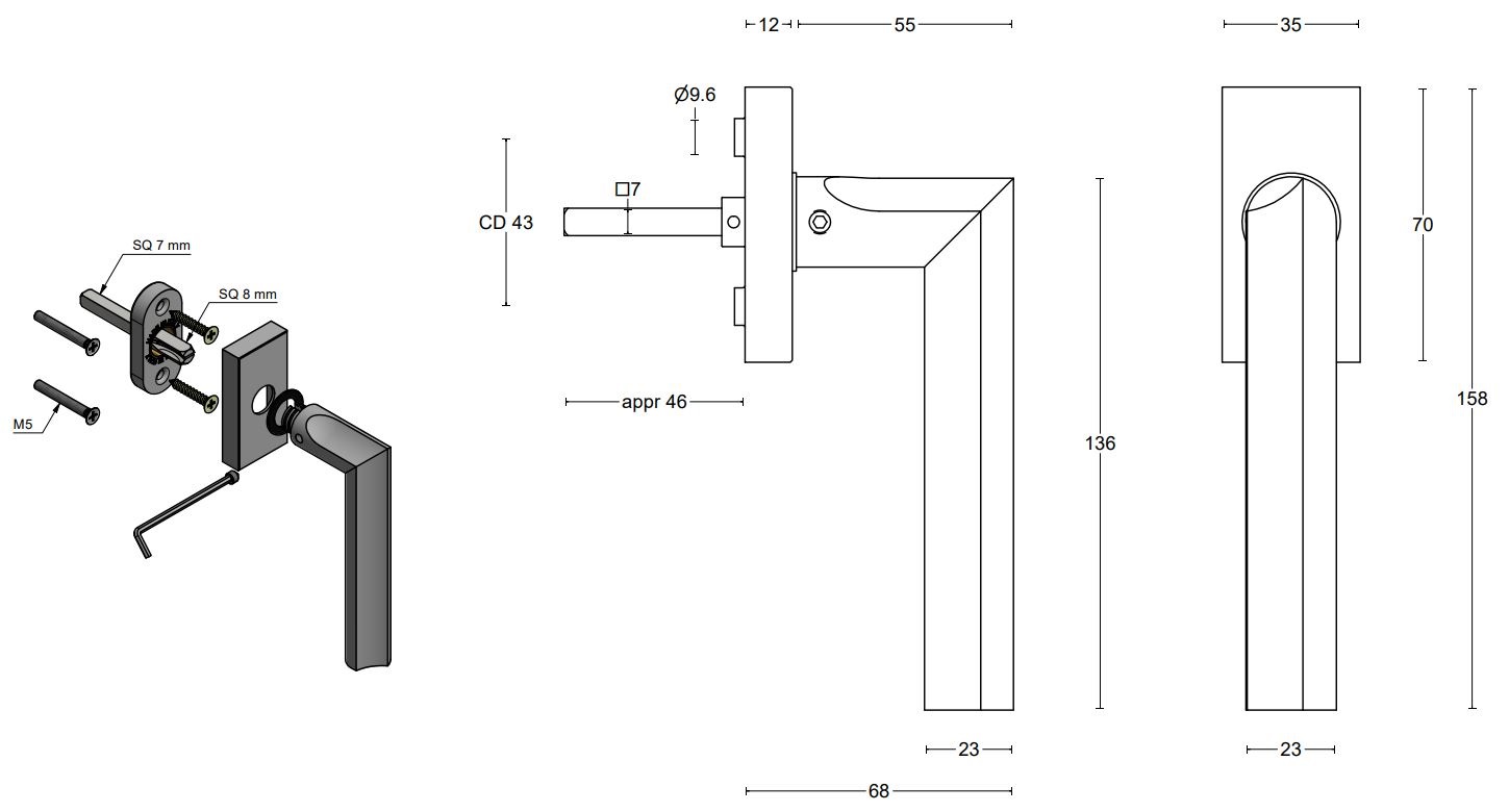 Draaikiepgarnituur ECLIPSE DR102-DK-O Links mat RVS