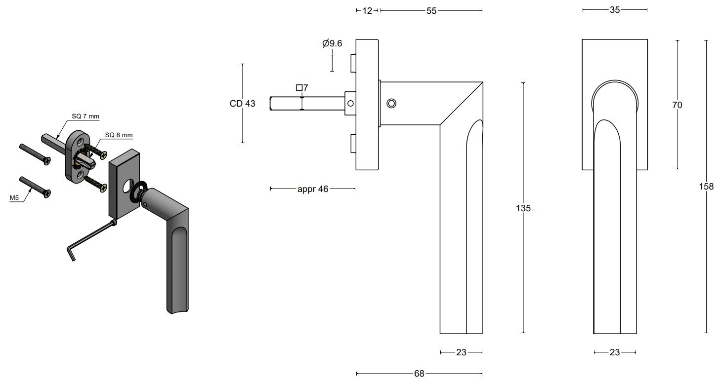 Draaikiepgarnituur ECLIPSE DR103-DK-O Links mat RVS