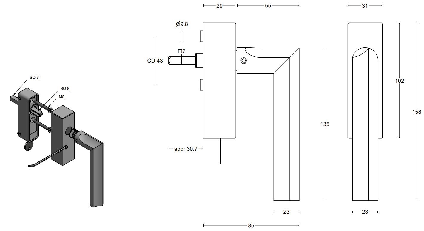 Draaikiepgarnituur ECLIPSE DR102-DKLOCK-O Rechts mat RVS