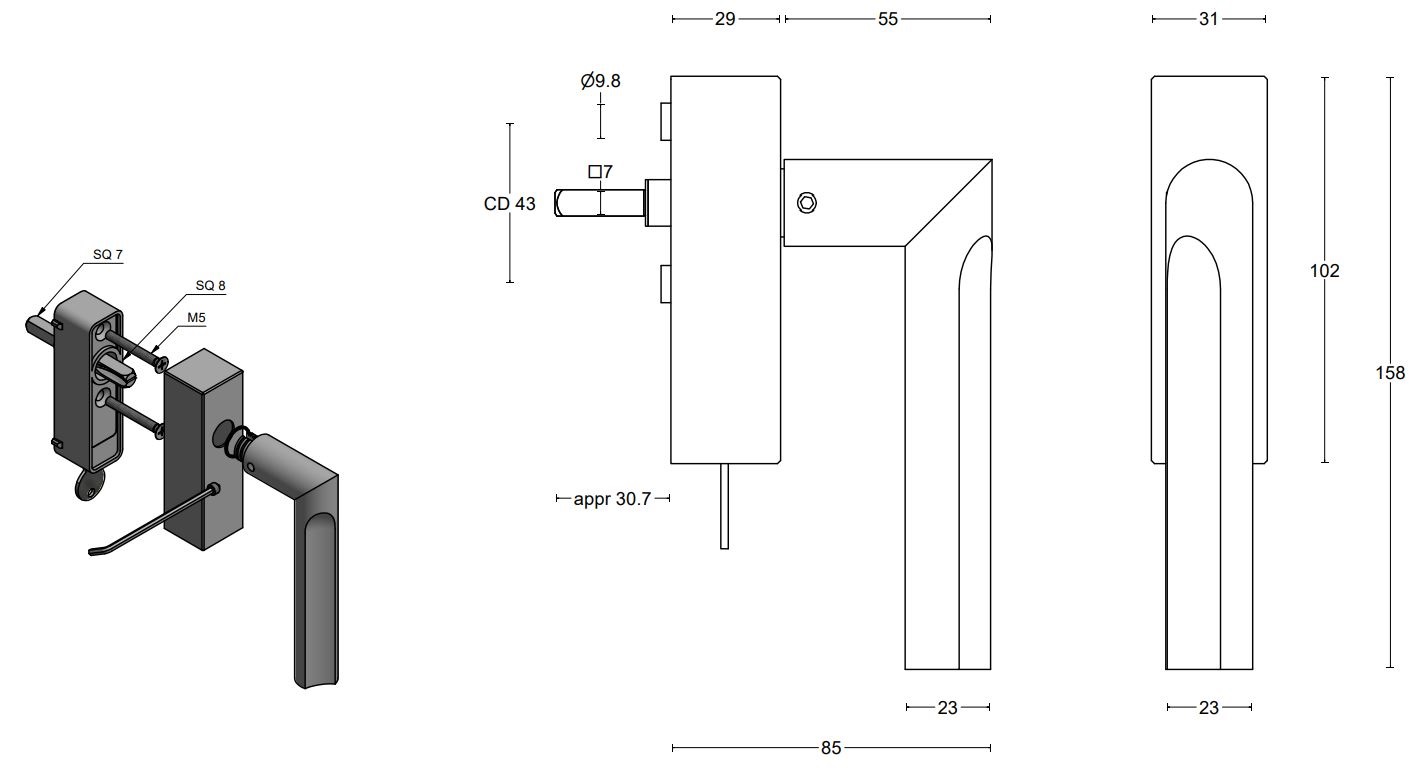 Draaikiepgarnituur ECLIPSE DR103-DKLOCK-O Links mat RVS