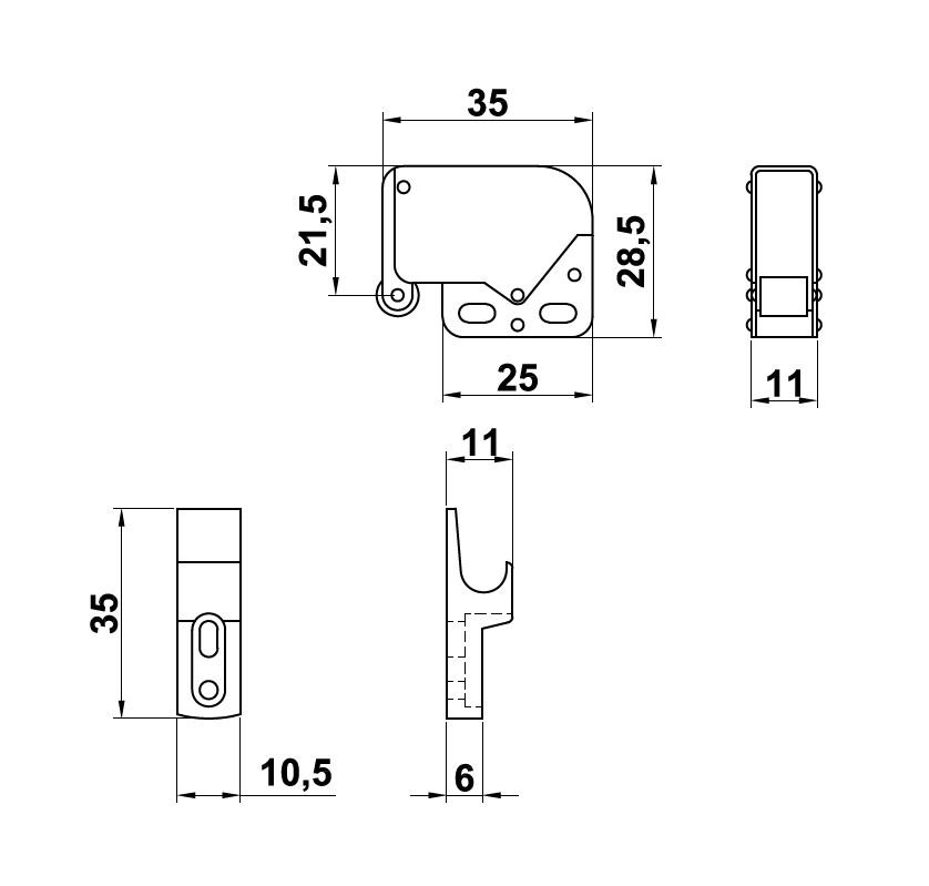 Duwsnapper Mini-latch uitstoot 10 mm zwart