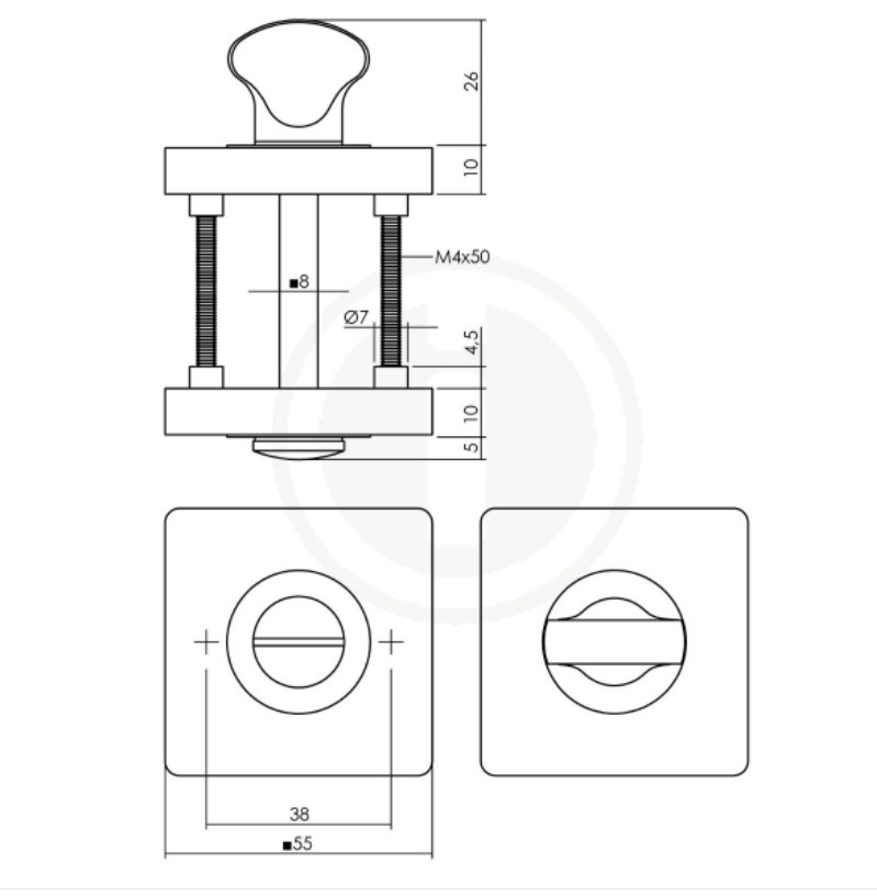 Intersteel WC-sluiting 8 mm vierkant 55x55x10mm PVD messingkleur