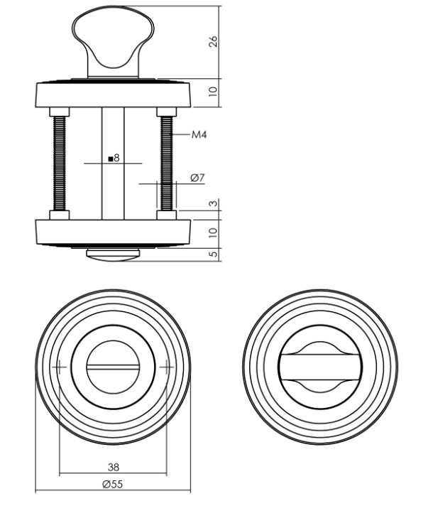 Intersteel wc-sluiting 8 mm met ril rond ø55x10 mm PVD messingkleur