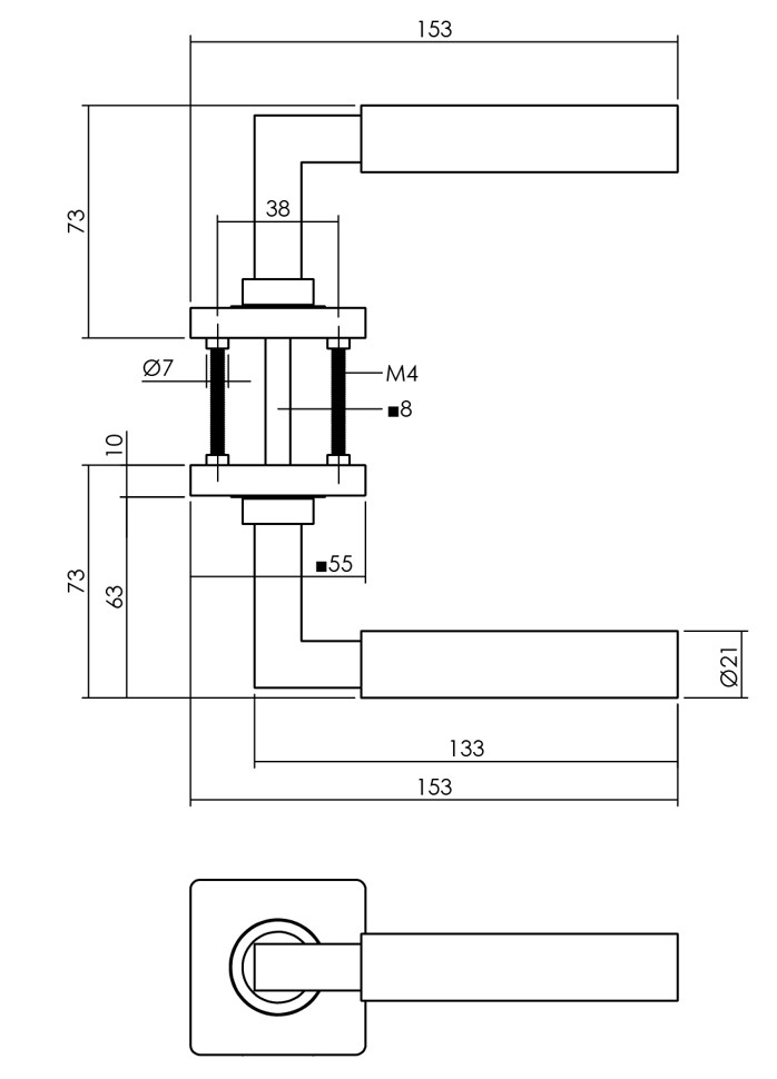 Intersteel gatdeel deurkruk rechts Baustil op vierkante rozet met nokken 55x55x10mm PVD messingkleur