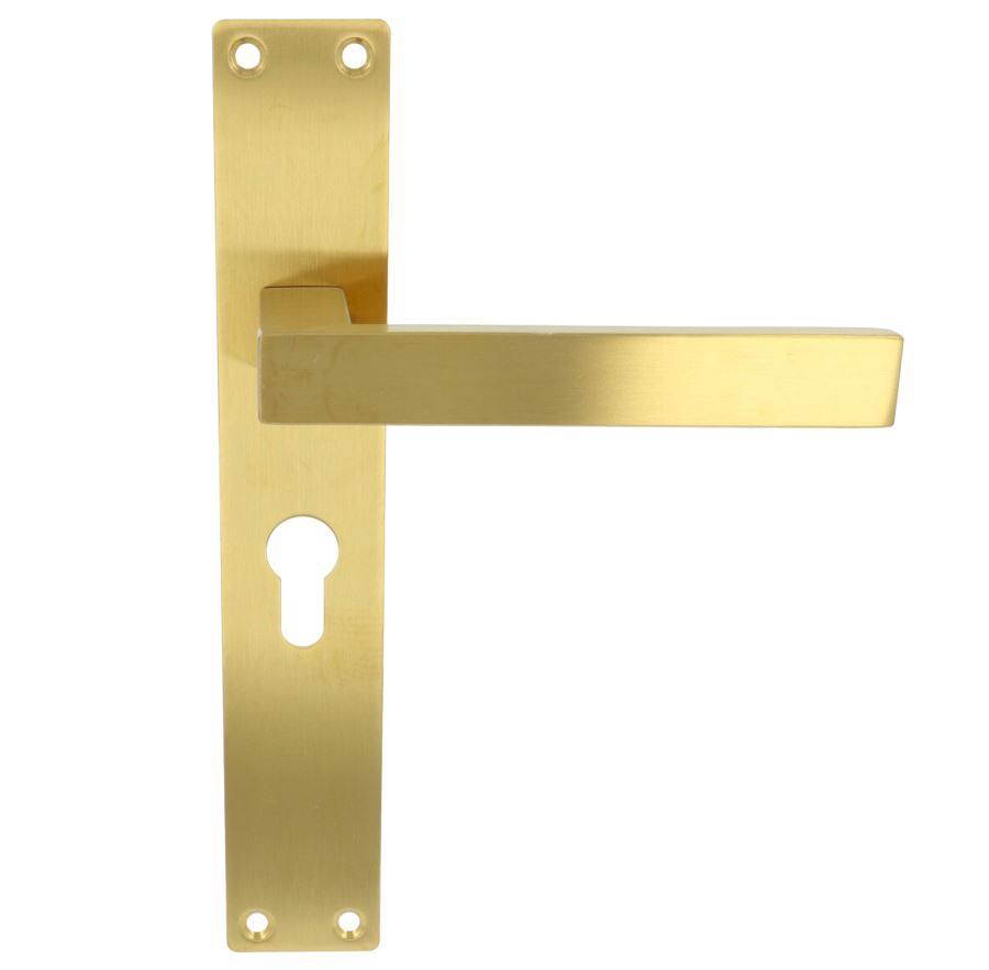 Deurklink Rechthoek op schild PC55 PVD mat goud