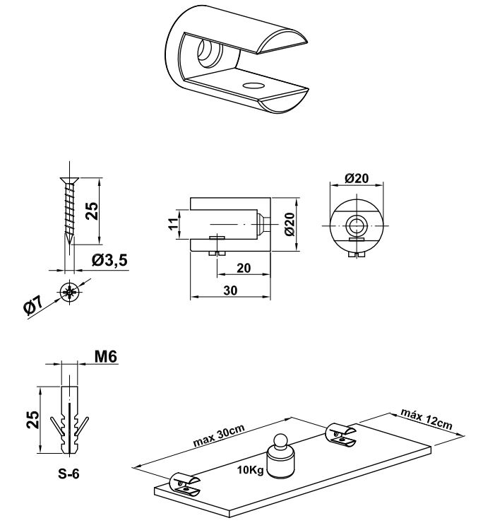 Glasplaatdrager Klein mat RVS