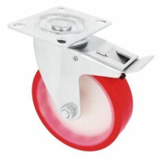 Zwenkwiel met rem en bevestigingsplaat verzinkt met rode nylon wiel 125 mm