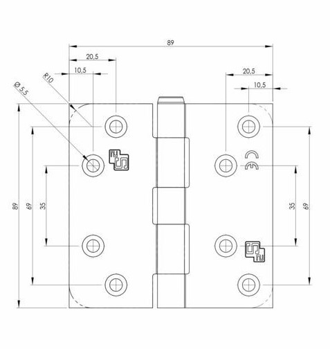 S2 scharnier 6511 met afgeronde hoeken 89x89x2,4 mm