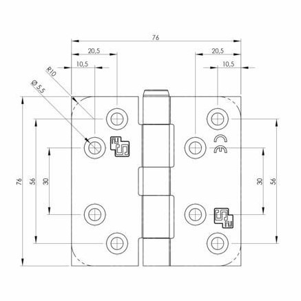 S2 scharnier 6511 met rechte hoeken 76x76x2,4 mm