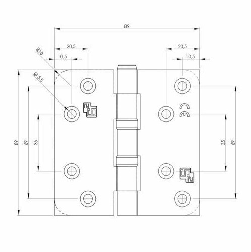 S2 kogellagerscharnier 6512 met rechte hoeken 89x89x2,4 mm