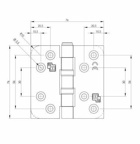 S2 kogellagerscharnier 6512 met ronde hoeken 76x76x2,4 mm
