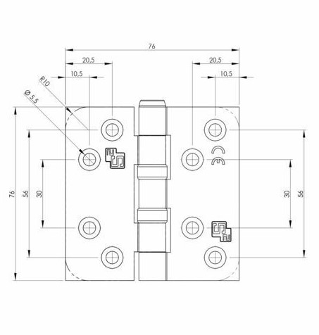 S2 kogellagerscharnier 6512 met ronde hoeken 76x76x2,4 mm RVS