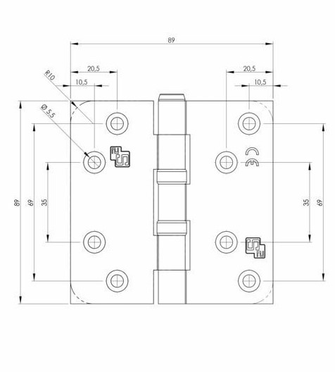 S2 kogellagerscharnier 6512 met ronde hoeken 89x89x2,4 mm RVS