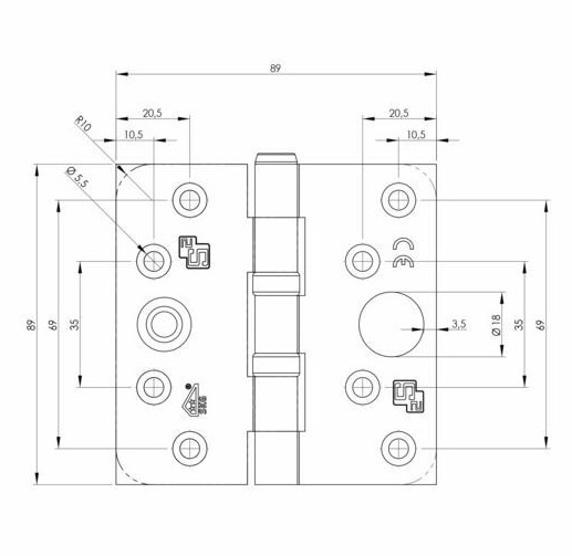 S2 veiligheidsscharnier kogellager 6512VH SKG*** ronde hoeken 89x89x2,4 mm