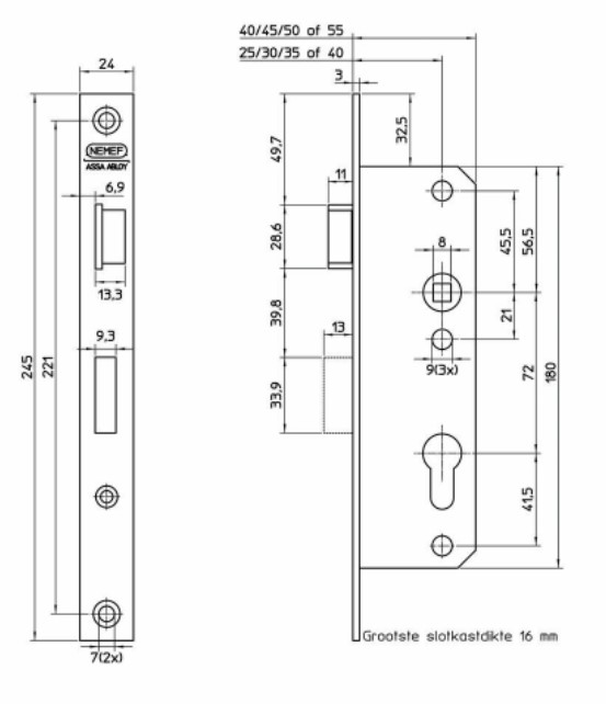 Nemef smaldeurslot PC72 DIN links 8691/14-30 mm rechthoekige verzinkte voorplaat