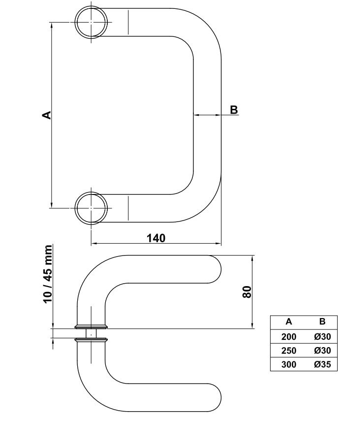 Set deurgrepen voor glazen deuren Ø35 x 300 mm RVS AISI 304