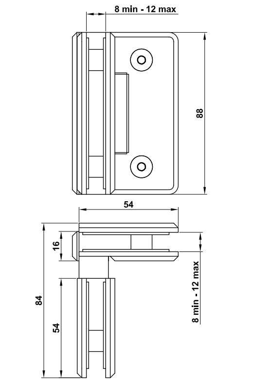 Scharnier hoek voor glazen deuren Mod. B nikkel