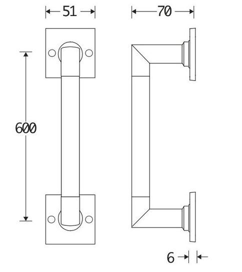 Deurgreep Bauhaus ebben vierkant rozet 600 mm mat nikkel ongelakt