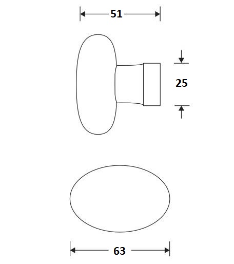 Meubelknop ovaal porselein 63mm wit/messing ongelakt