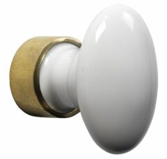 Meubelknop ovaal porselein 63mm wit/messing ongelakt