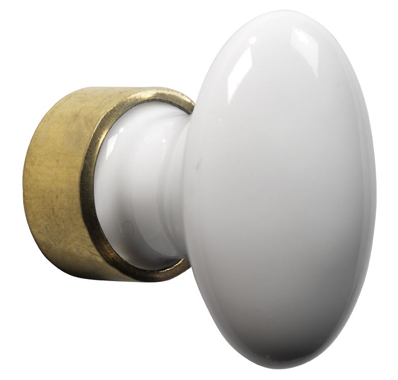 Meubelknop ovaal porselein 33mm wit/messing ongelakt