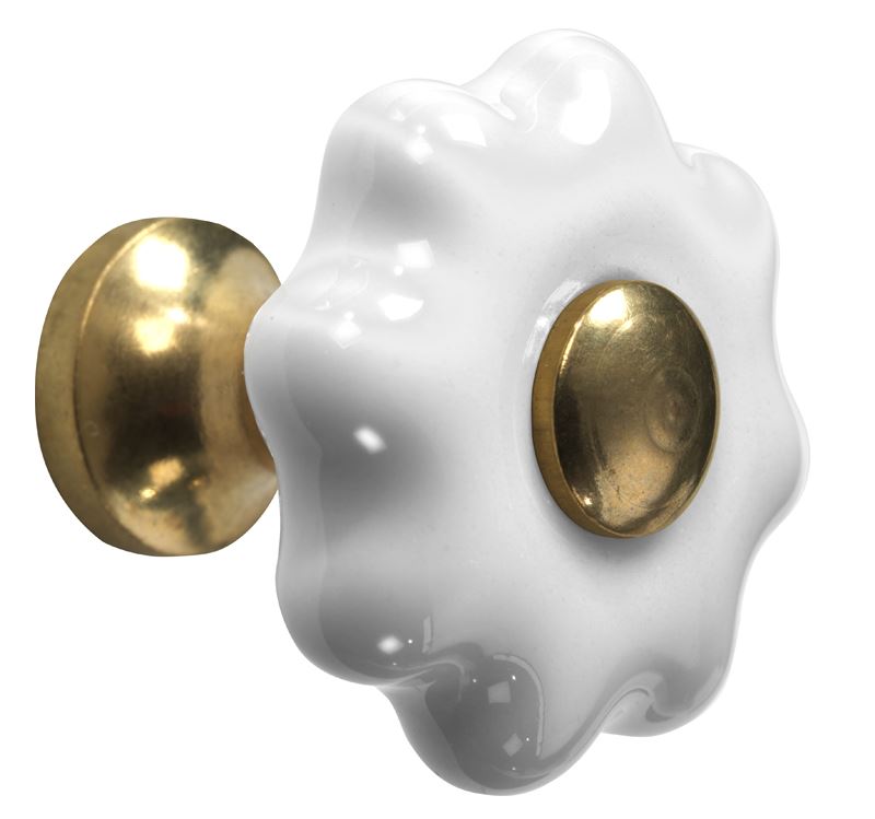 Meubelknop Fleur porselein 31mm wit/messing ongelakt