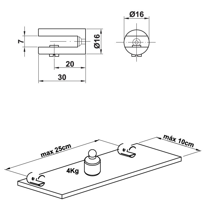 Glasplaatdrager Klein Zwart tot 6 mm