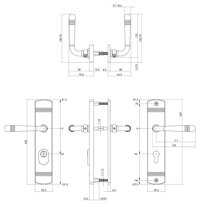 Intersteel achterdeurbeslag Helena kruk/kruk PC92 met kerntrek beveiliging messing PVD