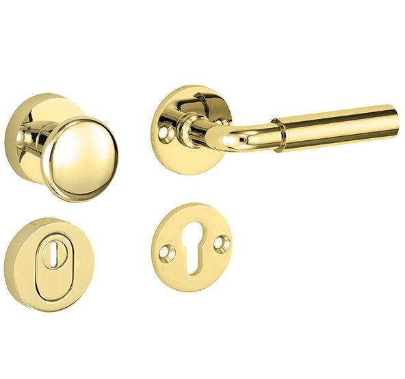 SKG3 knop/kruk op rozet Frankfurt Rechts + kerntrekbeveiliging messing ongelakt