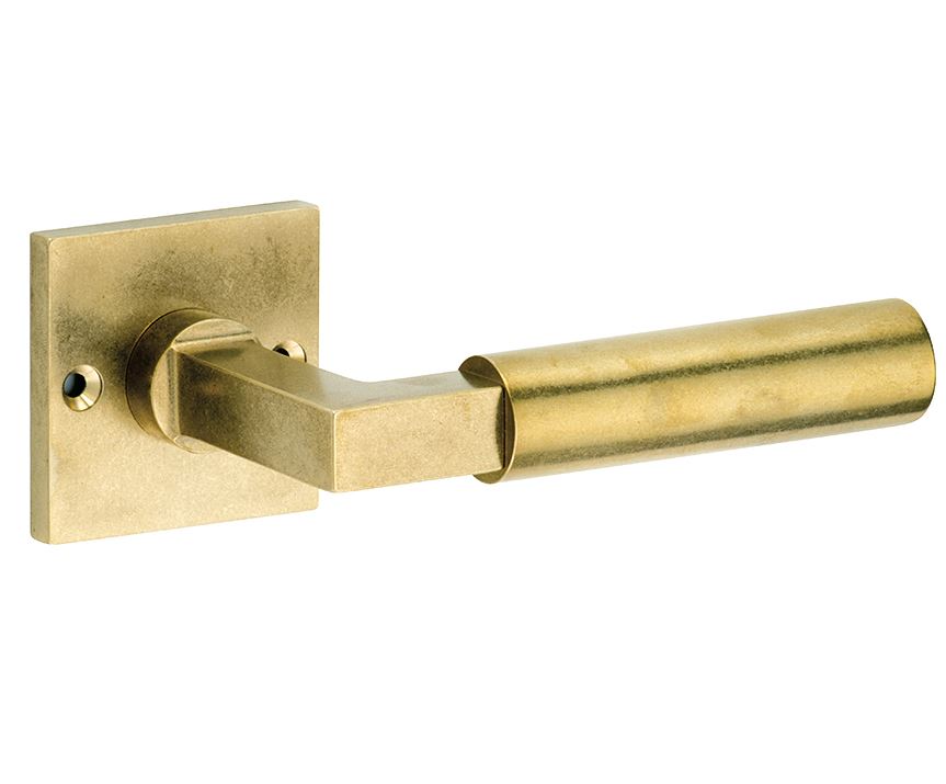 Deurkruk op ongeveerd rozet Bauhaus messing antiek