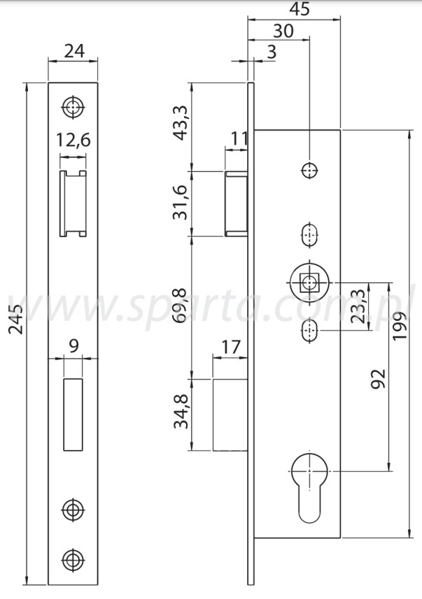 Nemef smaldeurslot voor stift 9x9 mm PC92, 9602/08-30 mm rechthoekige rvs voorplaat