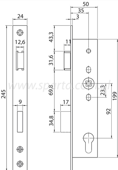 Nemef smaldeurslot voor stift 9x9 mm PC92, 9603/08-35 mm rechthoekige rvs voorplaat