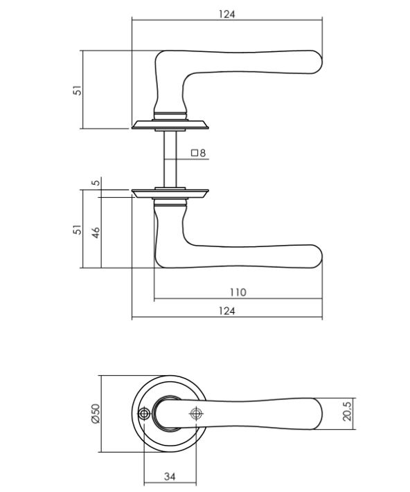 Gatdeel deurkruk Trento met rozet ø50x5mm messing getrommeld