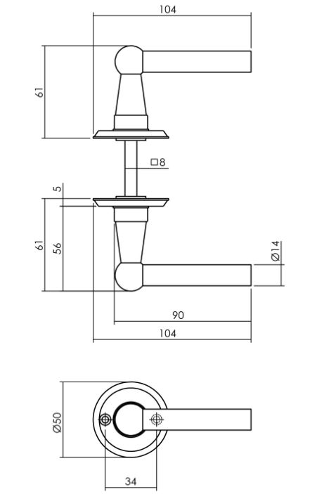Gatdeel deurkruk L bol met rozet ø50x5mm messing getrommeld