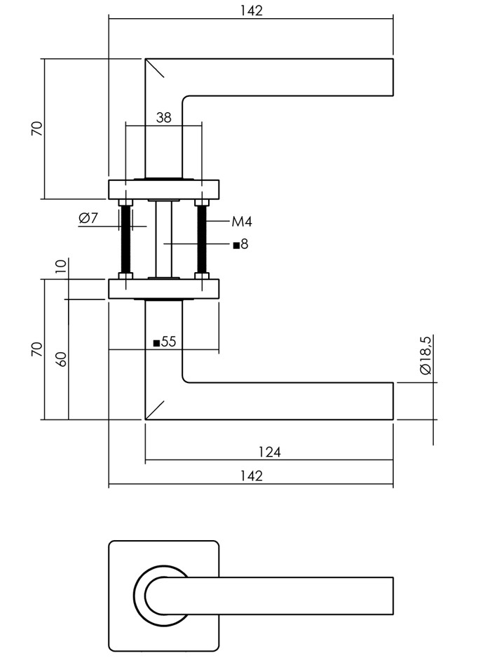 Intersteel Gatdeel deurkruk links Bastian op vierkante rozet met nokken 55x55x10mm PVD messingkleur