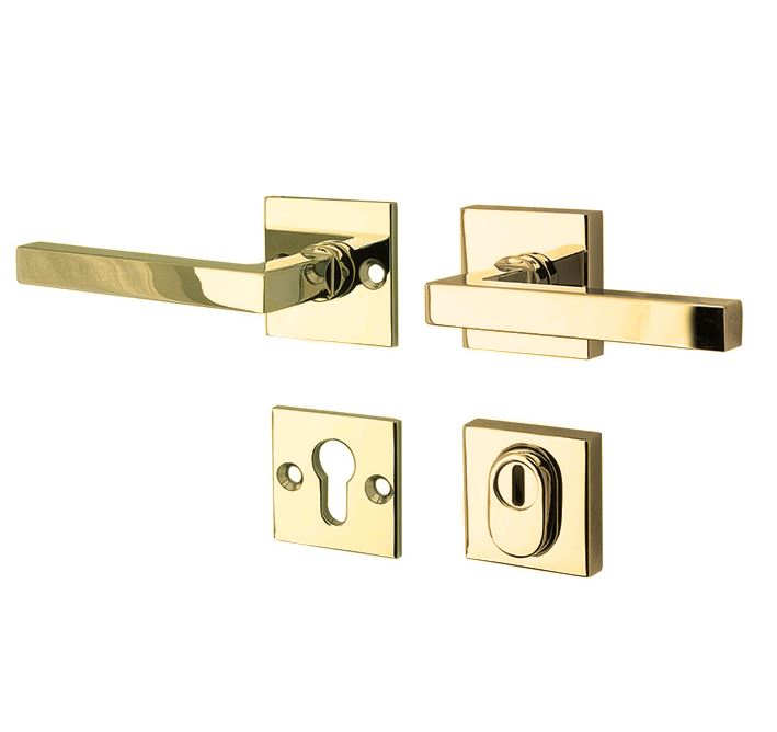 SKG3 kruk/kruk op rozet Kare Links + kerntrekbeveiliging messing gelakt/messing PVD