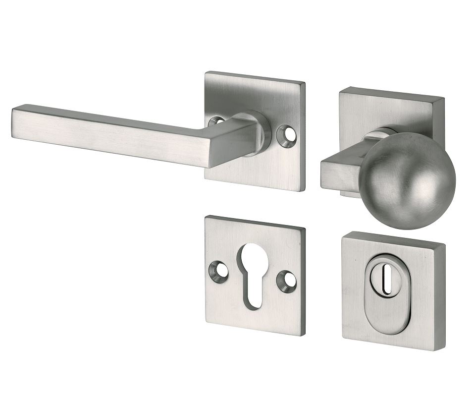 SKG3 knop/kruk op rozet Kare Links + kerntrekbeveiliging mat nikkel/mat nikkel PVD