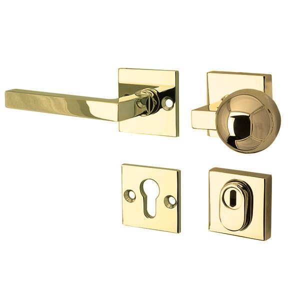 SKG3 knop/kruk op rozet Kare Links + kerntrekbeveiliging messing gelakt/messing PVD