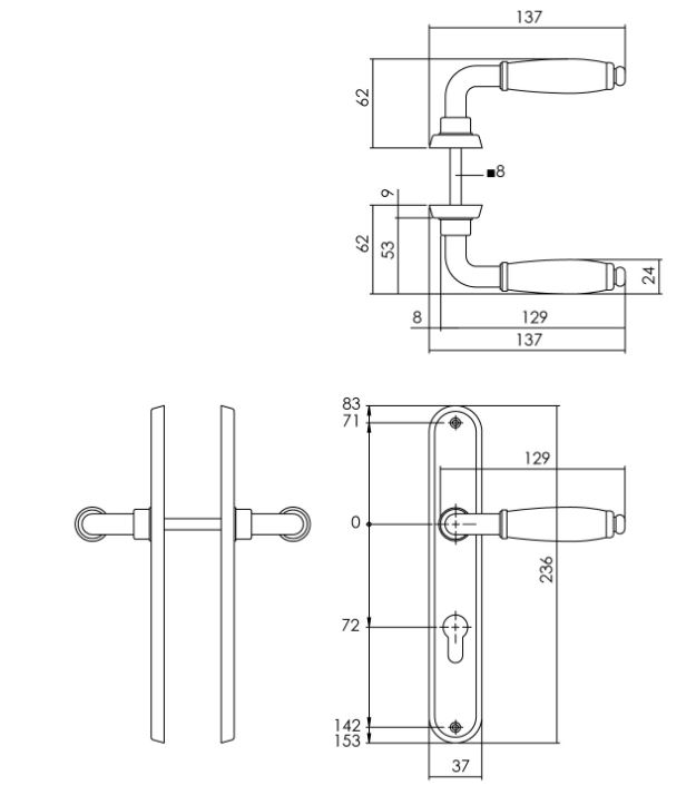 Intersteel Deurkruk Courgette met ovaal schild 238x39x9mm PC72 mat chroom