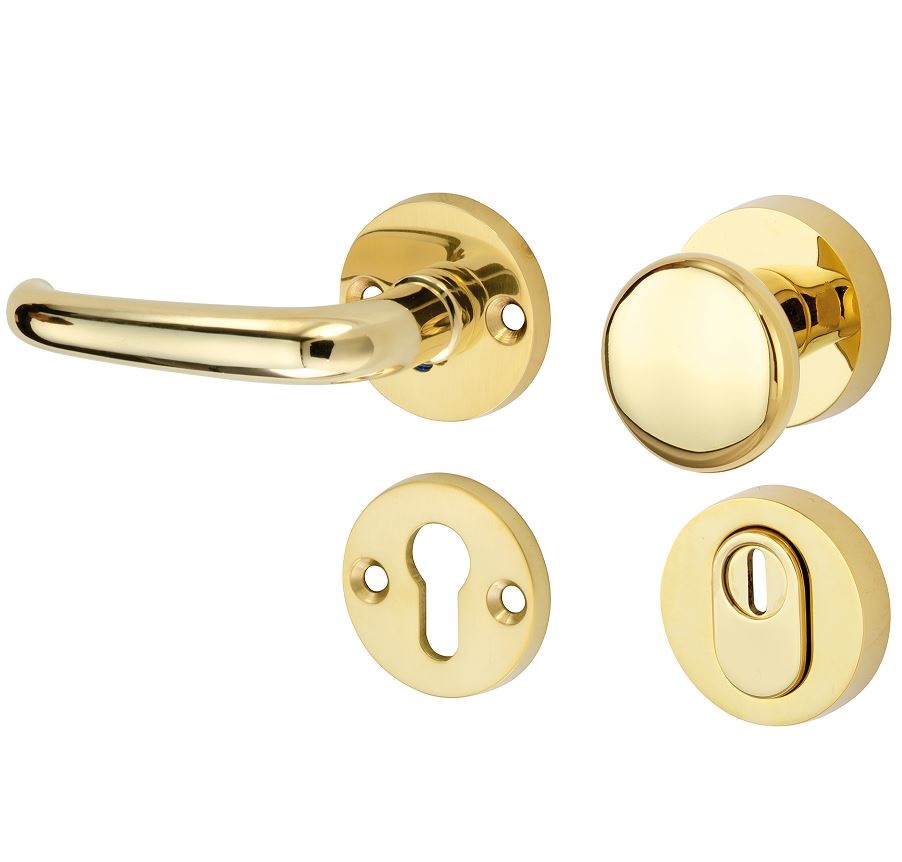 SKG3 knop/kruk op rozet Halfsabel Links + kerntrekbeveiliging messing gelakt/messing PVD