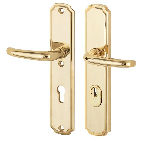 SKG3 PC72 Kruk/kruk op schild Halfsabel/Art-Nouveau Links + kerntrekbeveiliging messing gelakt/messing PVD